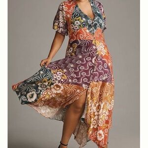By Anthropologie Maxi Dress Sz 16W Floral Flutter Sleeve Buttoned Handkerchief
